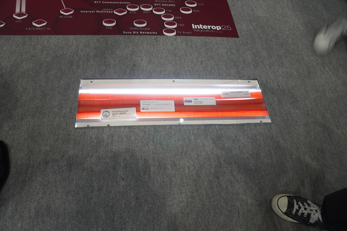 ShowNetブースの床下に見える対外接続回線