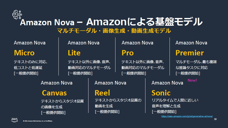 Amazonが開発したマルチモーダルなテキスト/画像/動画像/音声を生成するモデル「Amazon Nova」のラインアップ