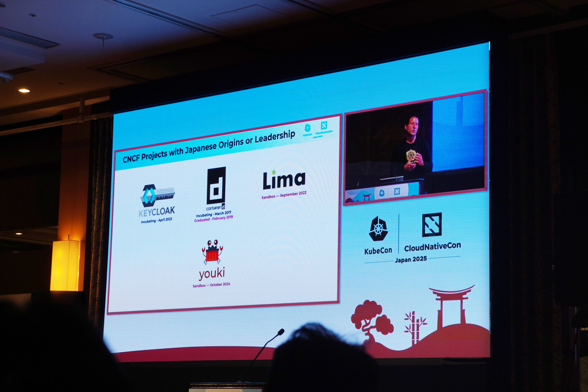 CNCFのCTOのChris Aniszczyk氏による基調講演（サテライト会場より）。スライドは、日本発祥または日本の人がリーダーシップをとっているプロジェクトの紹介