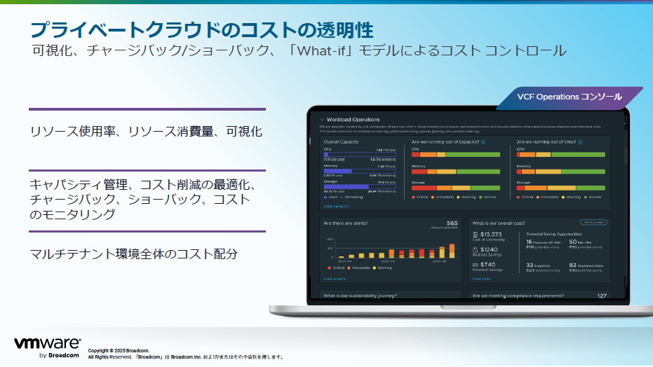 VCF 9はITコストの透明化/最適化にもフォーカスしており、リソース使用率の可視化やキャパシティ管理、マルチテナント環境のコスト配分など細やかなコスト管理が可能。What-ifモデルを採用し、ワークロード配置に関連したコストの推奨値をもとにリソースの最適化を実現する