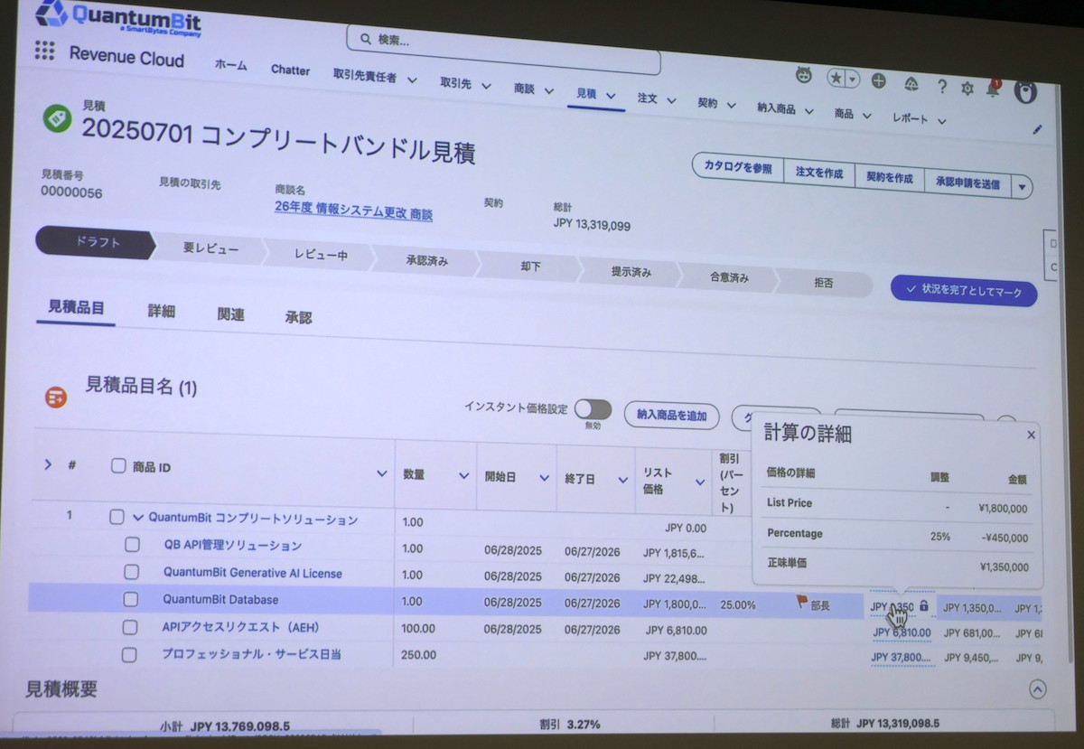 Revenue Cloudでは、営業や財務などさまざまな役職にあわせた設定画面が用意されており、これは営業販売部門が商品カタログのデータから見積もりを作成している画面。役職者からの承認ステータスや正規価格/割引価格など多段階の価格設定もすべて可視化されている