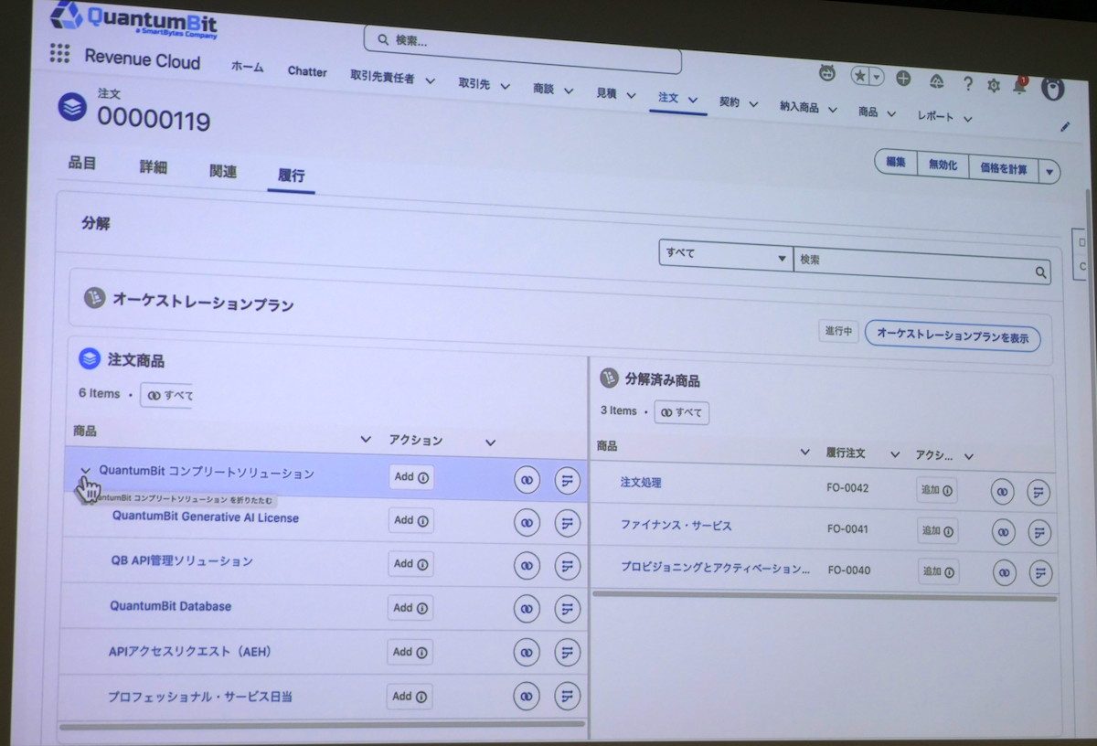 ダイナミック収益オーケストレータは、複雑な注文を「商品」と「注文履行」に分解し、注文処理の流れを可視化してマッピングし、注文エラーの削減を図っている（赤い部分がエラー部分なので、そのプロセスに対して改善のアクションを取る）