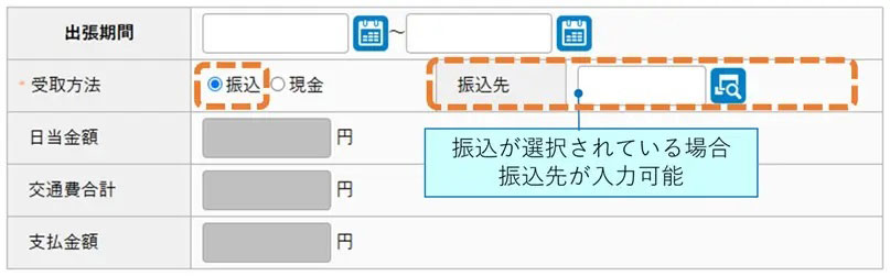 出張旅費申請の動的制御　入力項目の入力可・表示