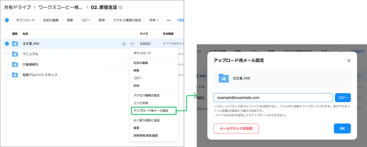 特定メールアドレス経由の自動アップロード機能