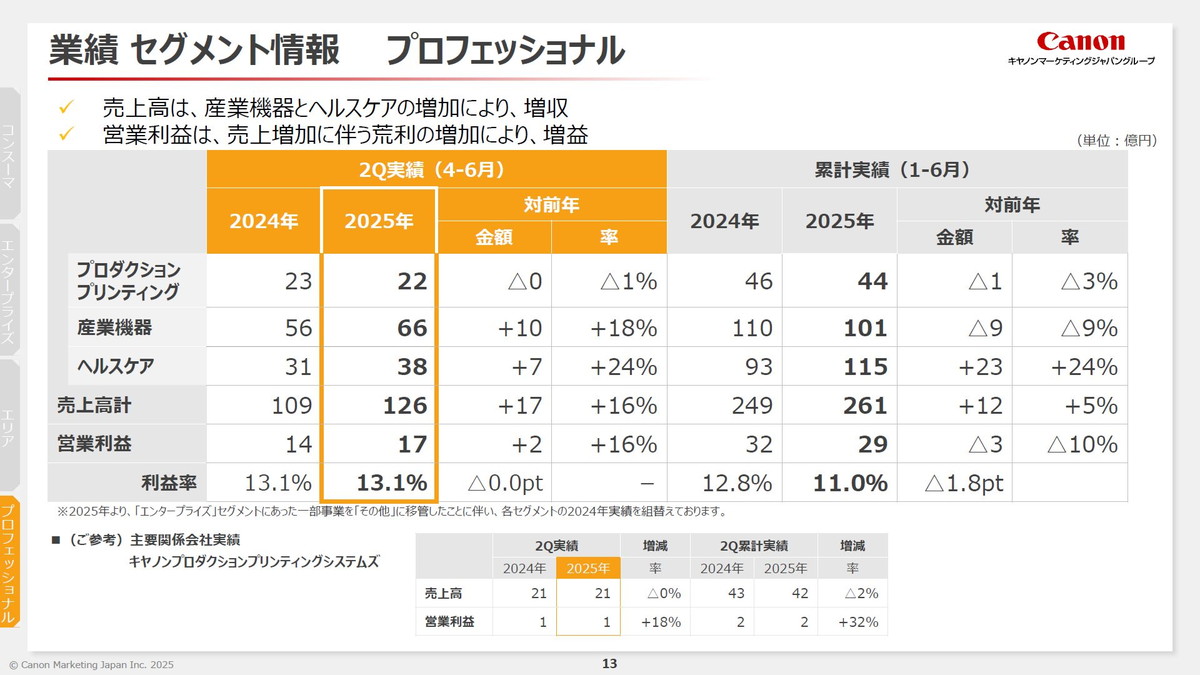 業績セグメント情報 プロフェッショナル
