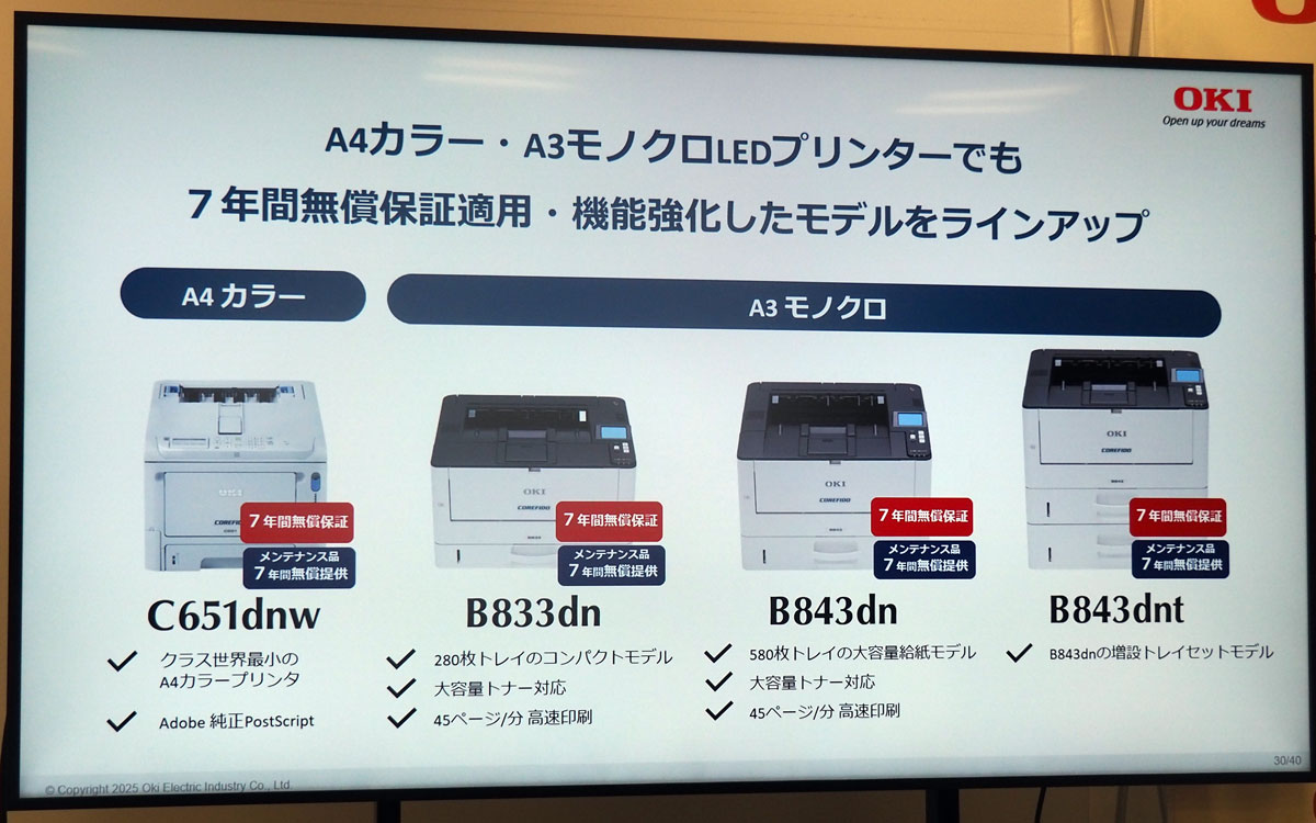 A4カラープリンターと、A3モノクロプリンターのラインアップ