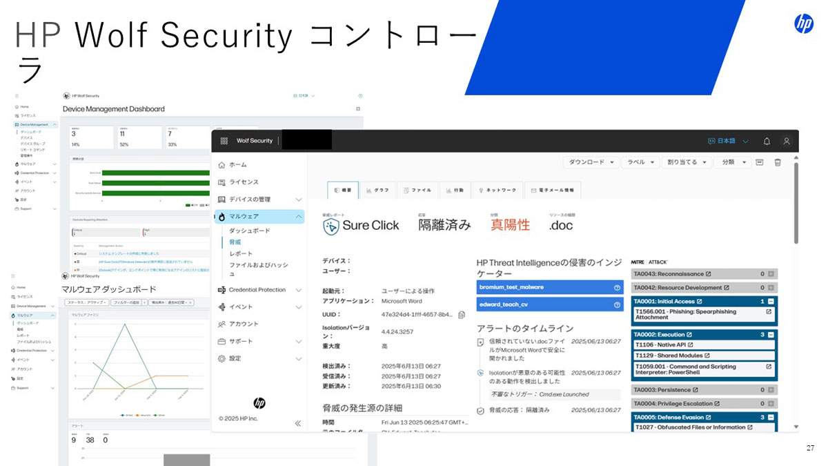 「HP Wolf Security Controller」の利用イメージ。PC環境を可視化し、詳細な情報を手軽に確認できる