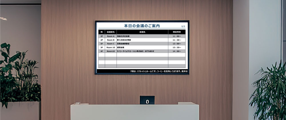 会議が実施される階数、会議室名、会議名、開始時間を表示し、終了時間になると表示から自動で削除される