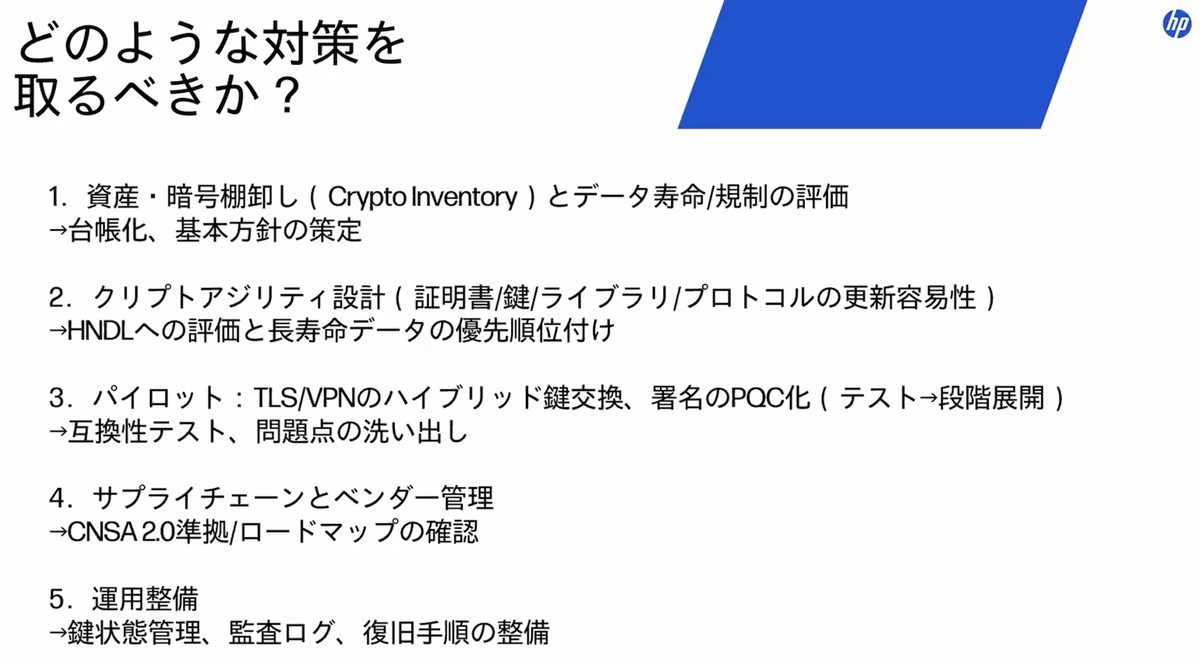 図2：対策は図のように進む。中でも「資産・暗号の棚卸し」は暗号化機能を利用するデバイスの多さと暗号技術の多様さから多大な時間を要すると見込まれている