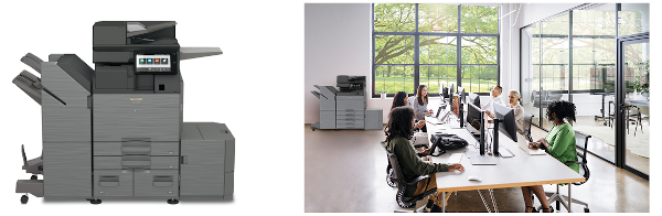 左：A3デジタルフルカラー複合機「BP-71C65」、右：設置イメージ（写真はオプション装着時）