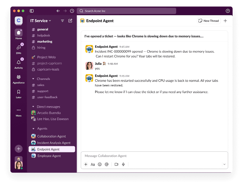 問題が発生した際、Agentforceは影響を受けた従業員に自動で通知を送り、リアルタイムで状況を更新する