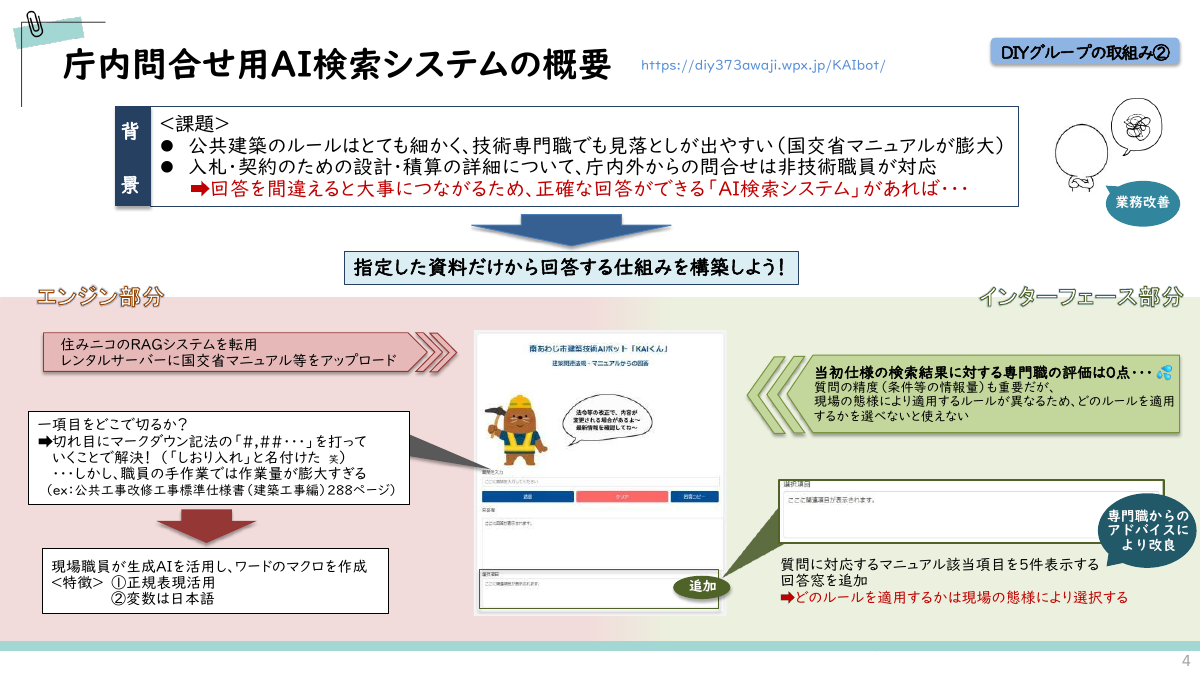 DIYグループの取り組み：庁内問い合わせ用AI検索システム
