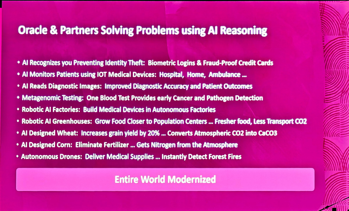 OracleとパートナーがAIリーズニング機能を利用してAIアプリを構築し、それが社会課題を解決していくとエリソン氏は説明