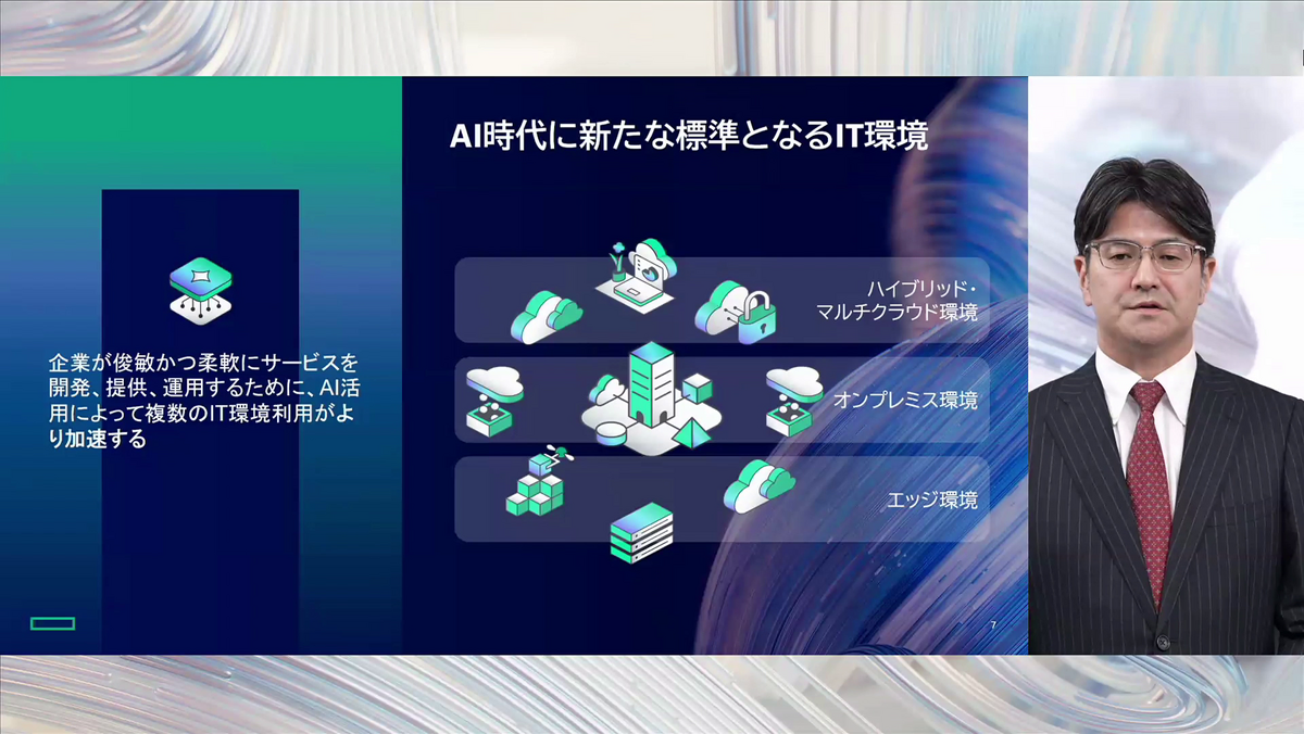 AI時代のIT環境の課題とハイブリッド・マルチクラウド環境への対応。右は、日本ヒューレット・パッカード合同会社の挾間崇氏（執行役員 アドバイザリー＆プロフェッショナルサービス 事業統括本部長）