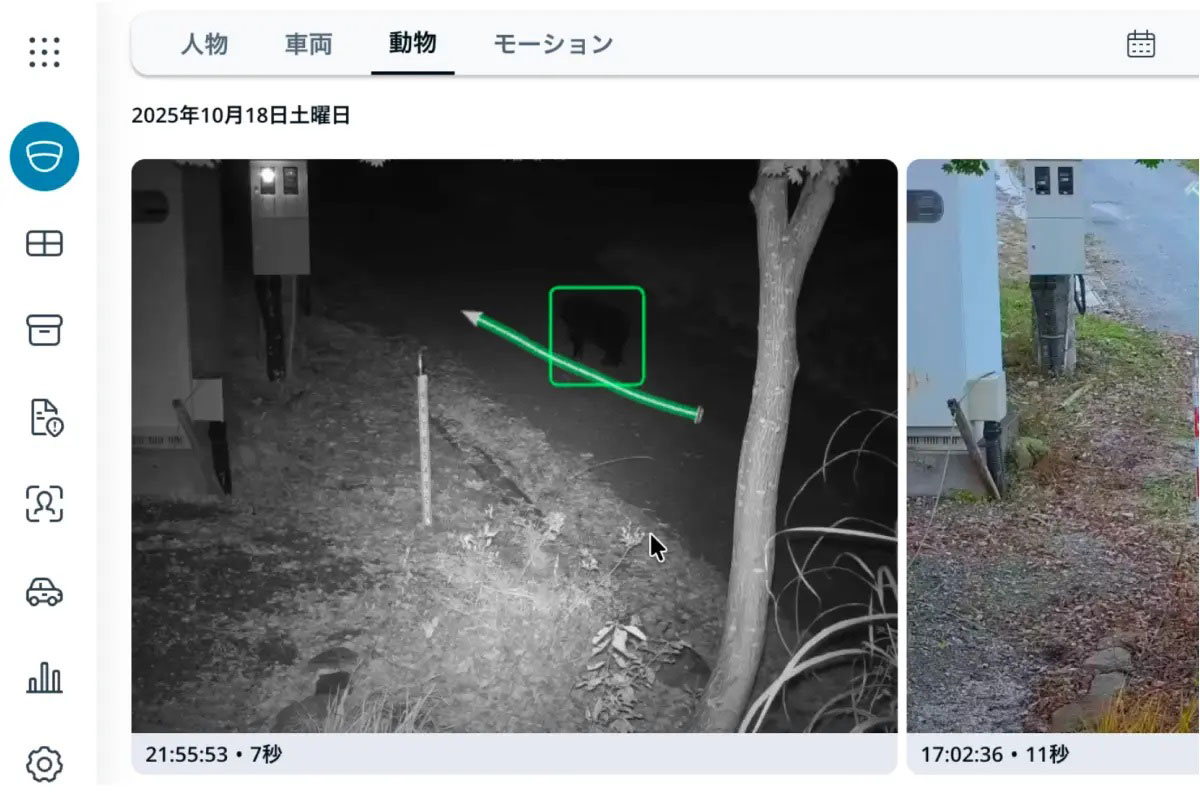 動物モーション検索ページの抜粋：赤外線照射により暗闇にいるツキノワグマを検知