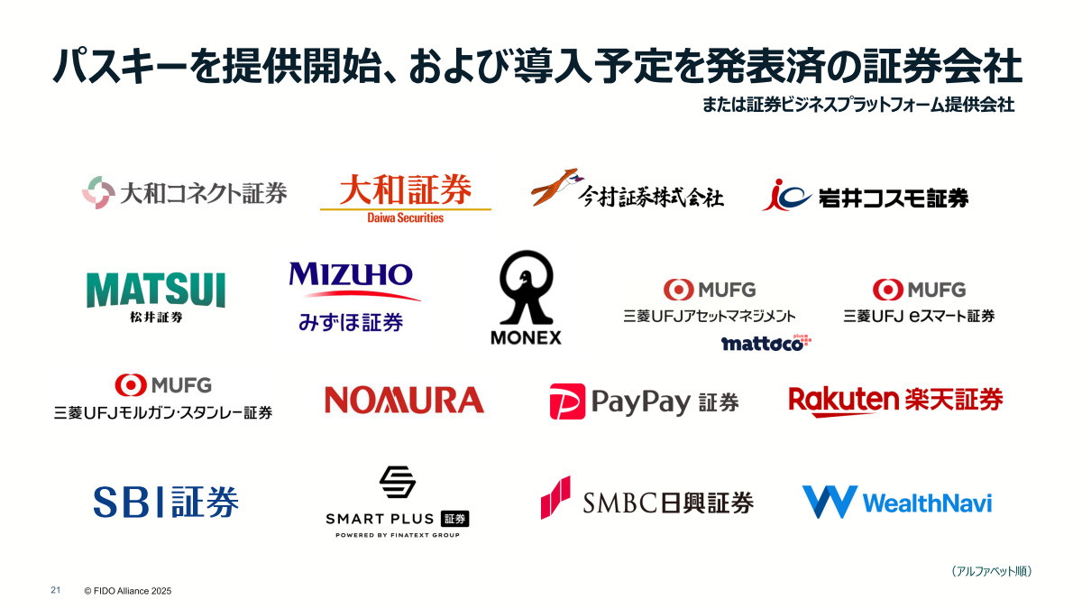 パスキーを提供開始および導入予定の証券会社