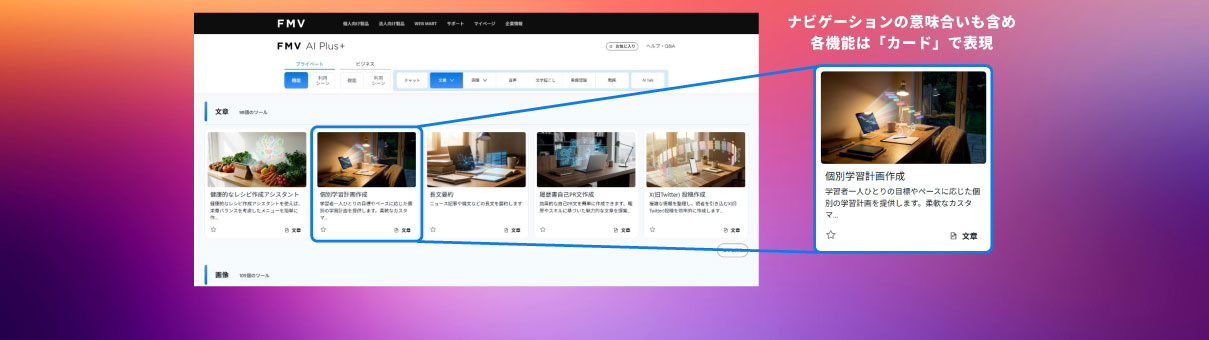 ナビゲーションの意味合いも含め各機能は「カード」で表現