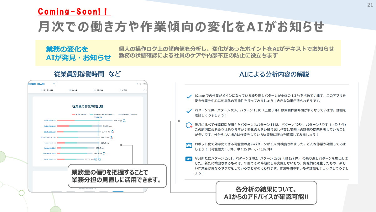 開発中の機能：月次での働き方や作業傾向の変化をAIがお知らせ