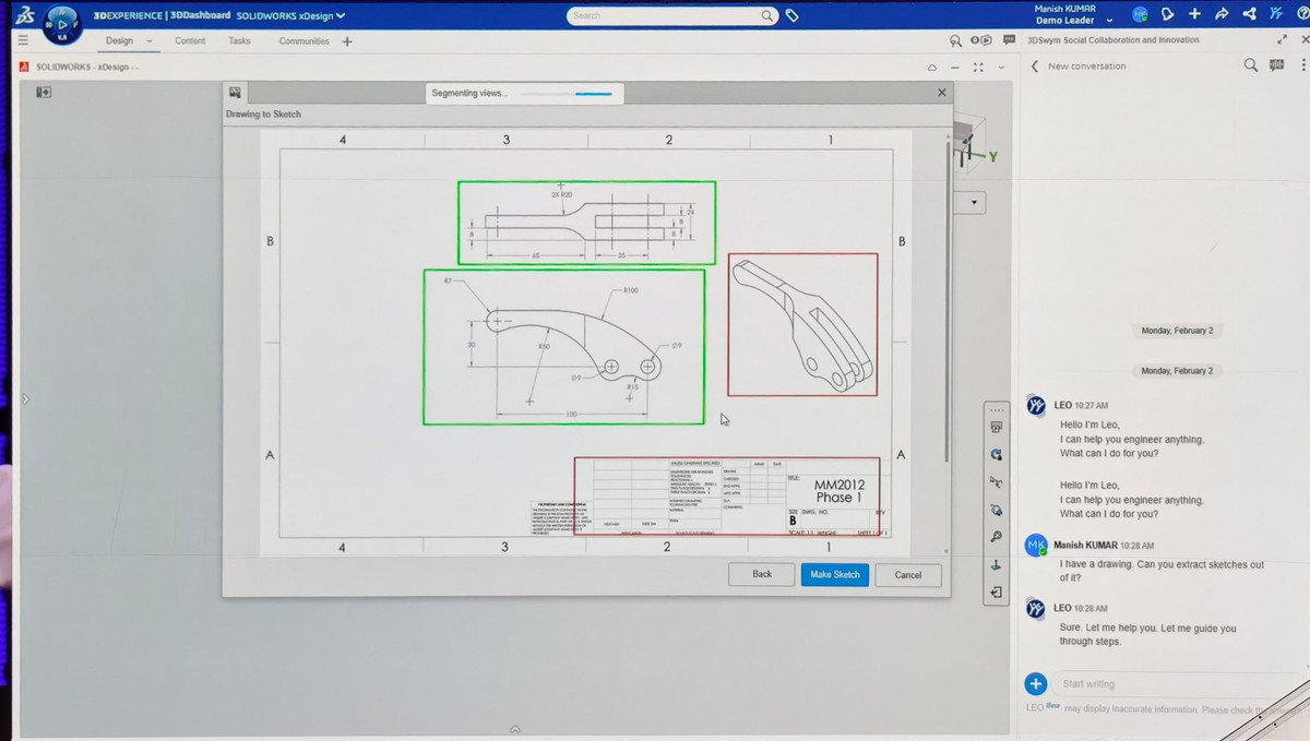 LEOのデモ。PDFから読み込んだ2Dの図面をLEOが3Dモデルに起こし、パラメーターなども自動で入力してくれる。これまでであれば、それをデザイナーがマニュアルでやっていたので大幅な作業時間の短縮につながる