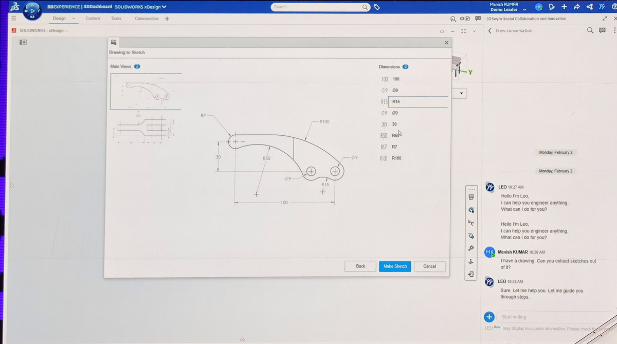 LEOのデモ。PDFから読み込んだ2Dの図面をLEOが3Dモデルに起こし、パラメーターなども自動で入力してくれる。これまでであれば、それをデザイナーがマニュアルでやっていたので大幅な作業時間の短縮につながる