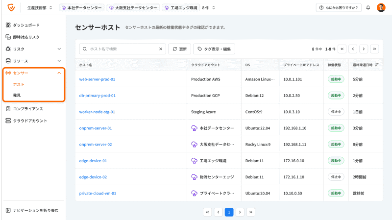 「センサーホスト」画面