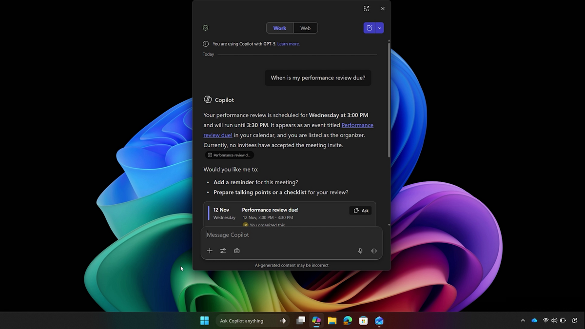 デモ動画より：Ask CopilotからOutlookをエージェントとして呼び出してスケジュールを調べる