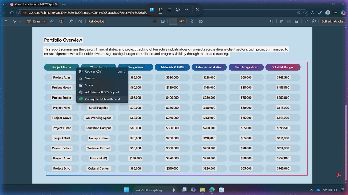 デモ動画より：PDF内にあるデザインされた表をExcelの表に変換
