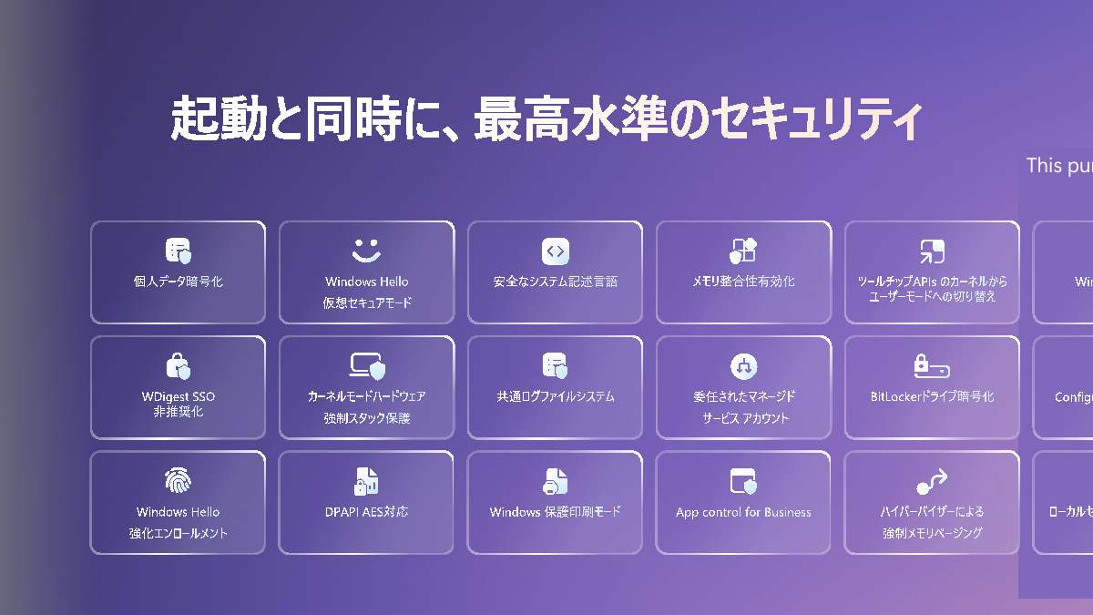 Windows 11のセキュリティ機能。講演ではこれが横にスクロールして多数が表示された