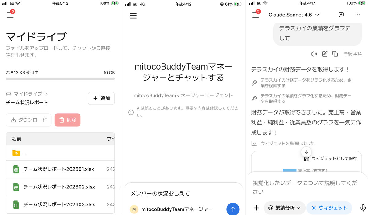 個人専用のファイルストレージ「マイドライブ」（左）、Buddyとのチャット画面（中）、Buddyからの返答画面（右）