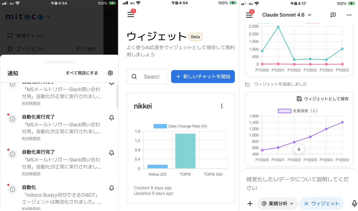 Buddyからの通知（左）、グラフ表示（棒グラフ）（中）、グラフ表示（折れ線グラフ）（右）