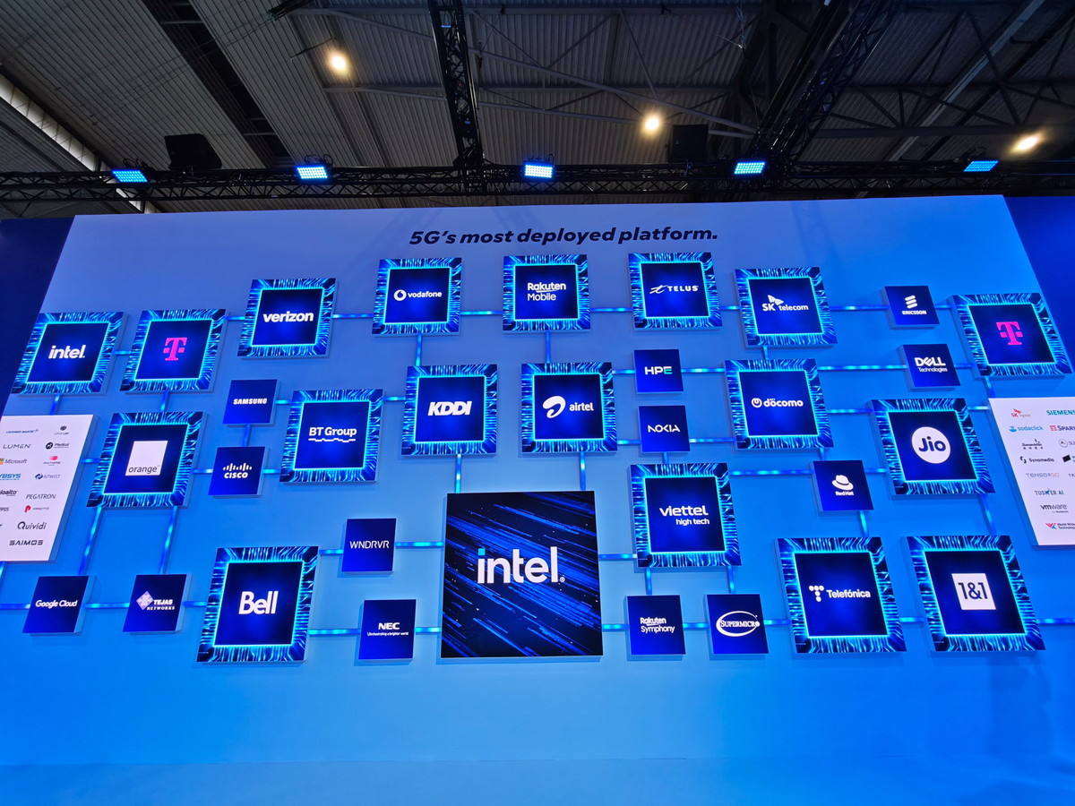 Intelブースの壁に紹介されていた、Intel CPUを採用したvRANや5Gコアを採用している通信キャリア。日本の通信キャリアは4社中3社（NTTドコモ、KDDI、楽天モバイル）が紹介されていた