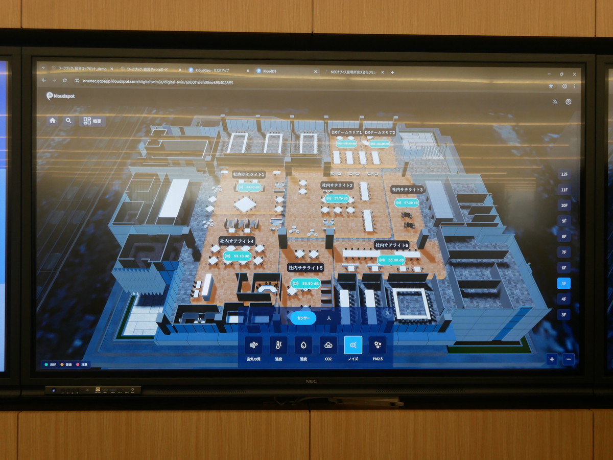オフィスエリア内に設置したセンサーからデータを収集。温度やノイズのデータをもとに働く場所を選べる。また、社員が持つPCのネットワーク情報をもとに居場所を表示できるようになっている
