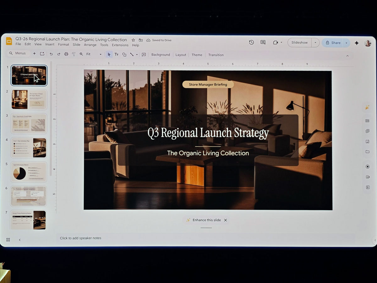 Workspace Intelligenceのデモで、Chat内でGeminiにスライドを作ってもらっている様子。ついにSlidesでも複数のスライドを含む資料が作成可能に
