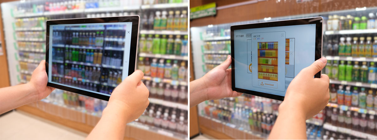 飲料の商品棚をタブレット端末で撮影し（左）、商品ごとの販売動向を可視化（右）