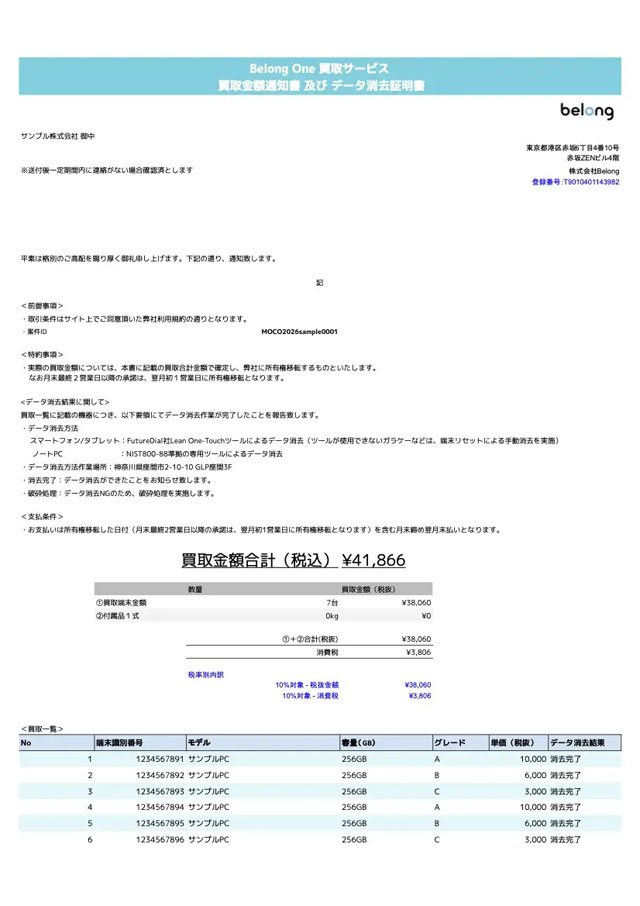 買取金額通知書 及び データ消去証明書