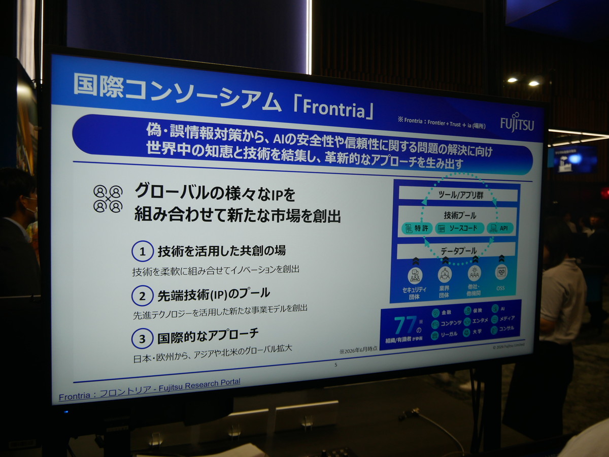 「デジタルフェイク検出技術＆SCMデジタルリハーサル」の取り組みでは、技術の進化に取り組むとともに、国際コンソーシアム「Frontria」を通じた知見の共有も行っている