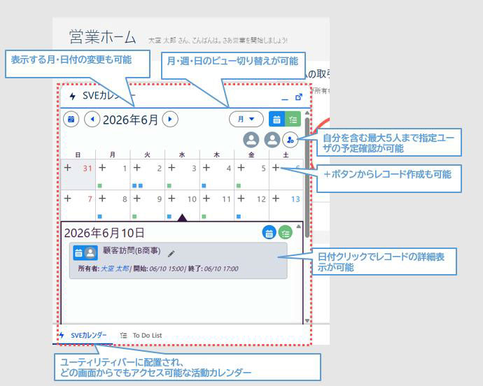 ユーティリティバーに配置したカレンダー機能の活用例