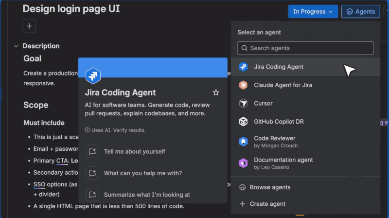 Agents in Jiraは、さまざまなAIエージェントをJiraから作業項目に割り当てることができる