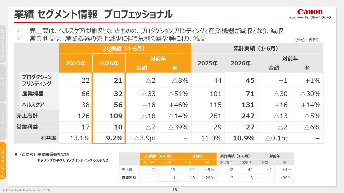 業績 セグメント情報 プロフェッショナル