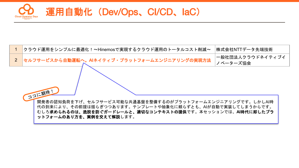 「運用自動化（Dev/Ops、CI/CD、IaC）」のセッションと注目の1本