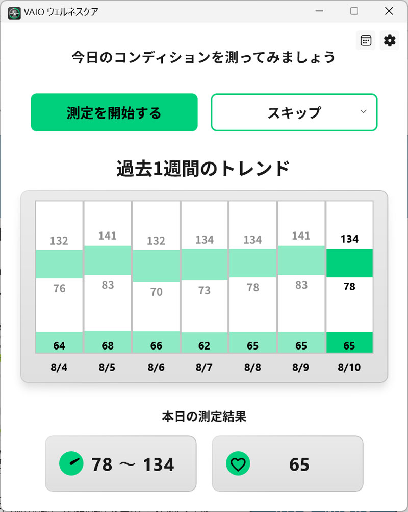 計測結果をもとにした1週間のトレンドを表示（掲載している画面は開発中のものを含む。実際の画面はアップデートなどにより変更される場合がある）