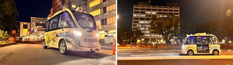 夜間の四日市市中央通りを走行する自動運転EVバス