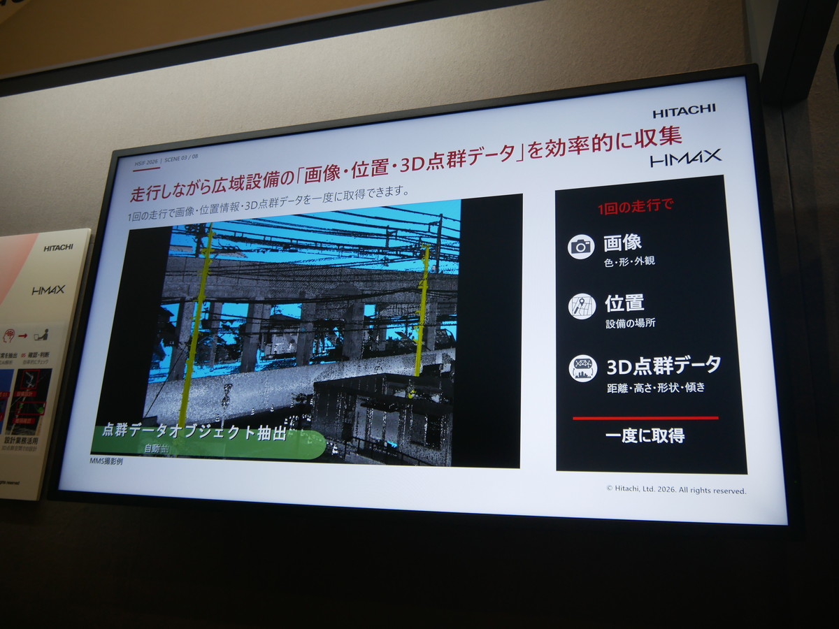 「3D点群×AI」で診る設備保全「GeoMation 点検業務支援システム」では、鉄道が走行しながら広域設備の画像、位置、3D点群データを効率的に収集する