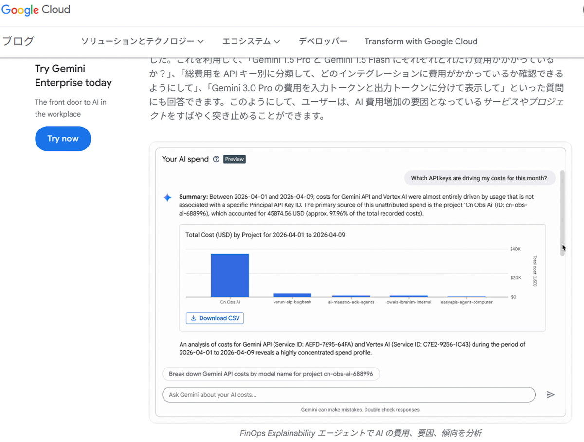 Google CloudのFinOps Explainability エージェントを説明するWebサイト（出典：<a href="https://cloud.google.com/blog/ja/topics/cost-management/introducing-spend-caps-ai-cost-visibility-next26/" class="n" target="_blank">Google CloudのWebサイト</a>