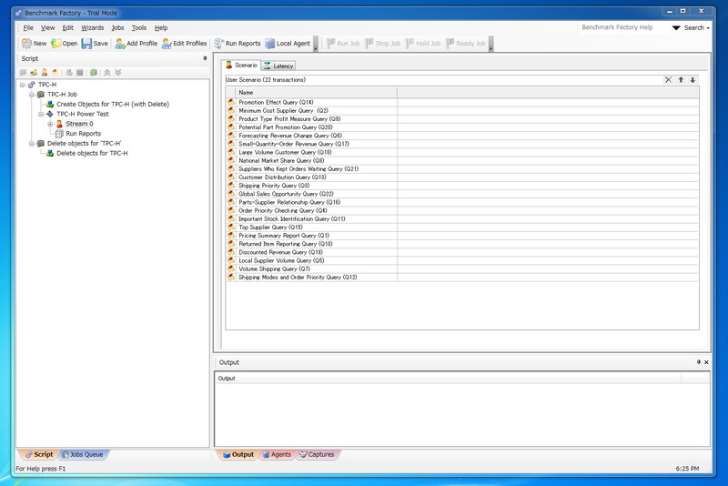 Benchmark Factory for Databaseの画面。今回は、試用版を使用したため、仮想ユーザー数が100人と制限されている