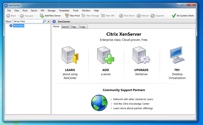 XenCenterを起動する。XenCenter自体は、ユーザーインターフェイス部分で、実際の管理機能はXenServer上に存在する