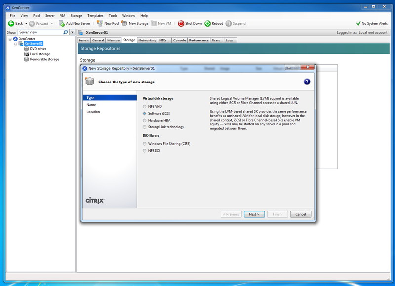 ネットワークストレージとして、iSCSIドライブを設定する。Storageタブから、接続するドライブタイプを選択。今回は、Software iSCSIを選択
