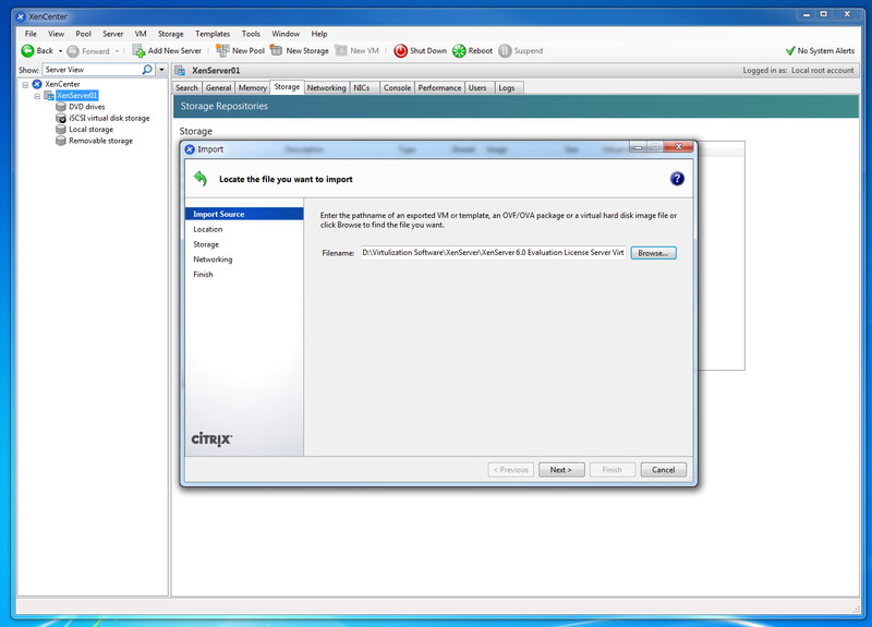 XenServerに仮想アプライアンス化したライセンス認証サーバーをインポートする。Premiumエディションを利用するには、試用版でもライセンス認証が必要になる。あらかじめ、ダウンロードしておいた仮想アプライアンスをインポート