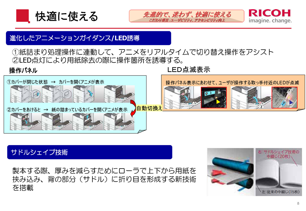紙詰まり時の操作は、パネルのガイダンスと操作部のLEDでわかりやすく