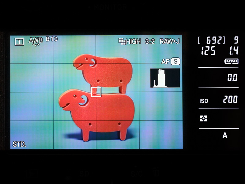 撮影時の液晶モニターの表示。EVFと同じく、各種撮影情報の表示やグリッド線、水準器表示などのON/OFFが選べる